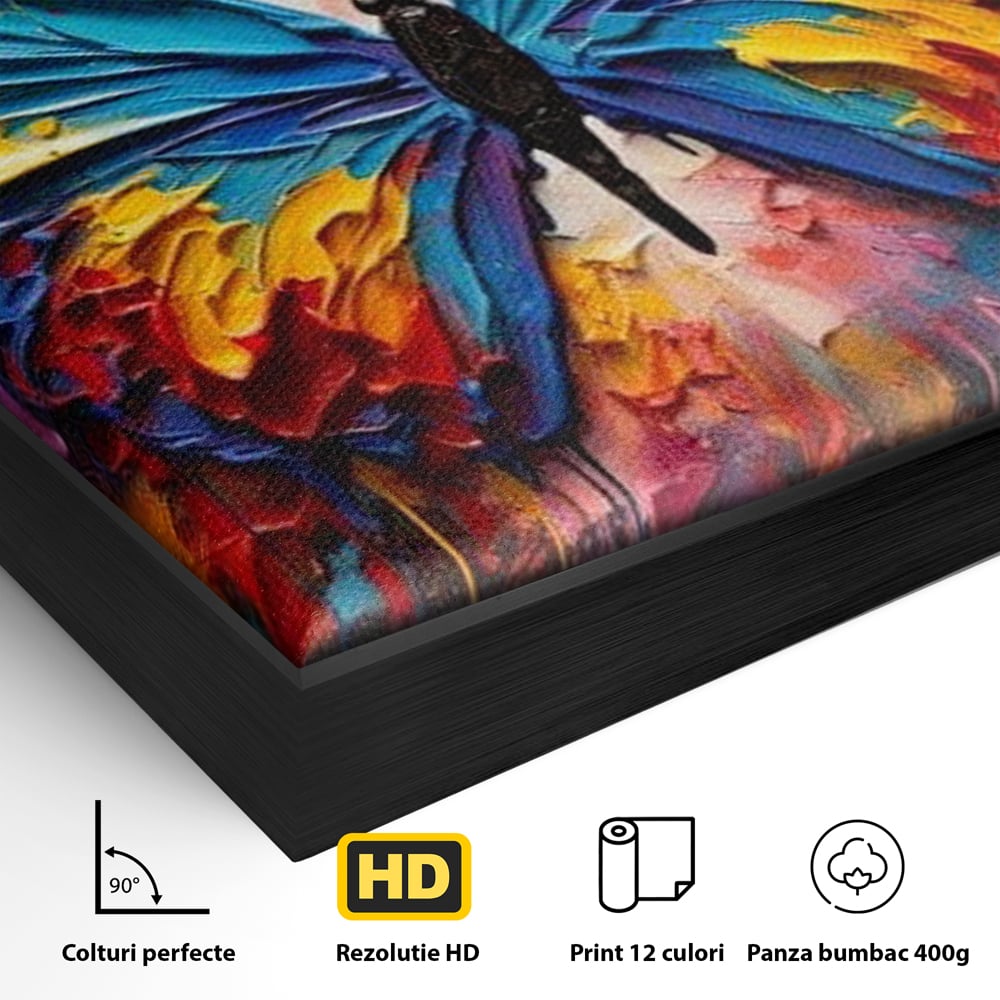 Tablou Canvas Premium, LuxCanva® M1131, Stapanul Paletei de Culori, Pictura, Stropi, Culori Vibrante, Fluture, Aripi, Insecta, Textura, Policrom, Abstract, Contrast, Birou, Living, Camera Copil