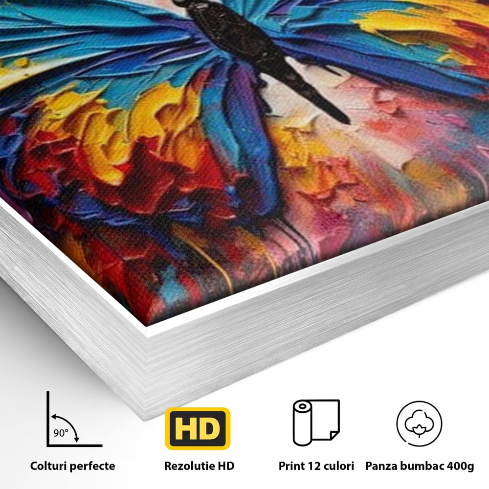 Tablou Canvas Premium, LuxCanva® M1131, Stapanul Paletei de Culori, Pictura, Stropi, Culori Vibrante, Fluture, Aripi, Insecta, Textura, Policrom, Abstract, Contrast, Birou, Living, Camera Copil