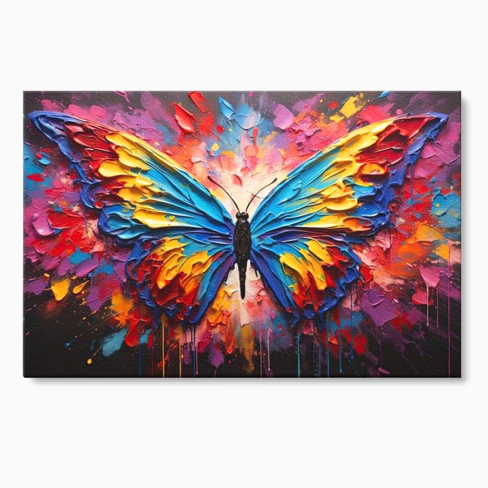 Tablou Canvas Premium, LuxCanva® M1131, Stapanul Paletei de Culori, Pictura, Stropi, Culori Vibrante, Fluture, Aripi, Insecta, Textura, Policrom, Abstract, Contrast, Birou, Living, Camera Copil