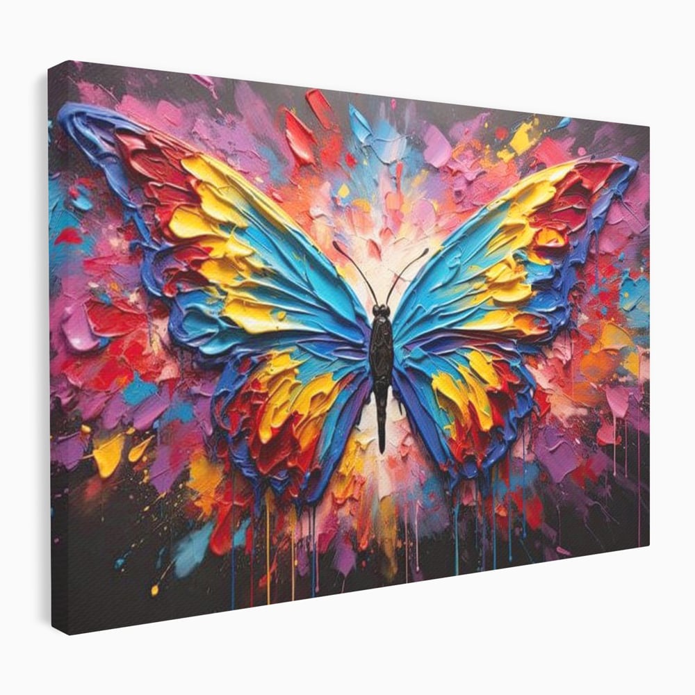 Tablou Canvas Premium, LuxCanva® M1131, Stapanul Paletei de Culori, Pictura, Stropi, Culori Vibrante, Fluture, Aripi, Insecta, Textura, Policrom, Abstract, Contrast, Birou, Living, Camera Copil