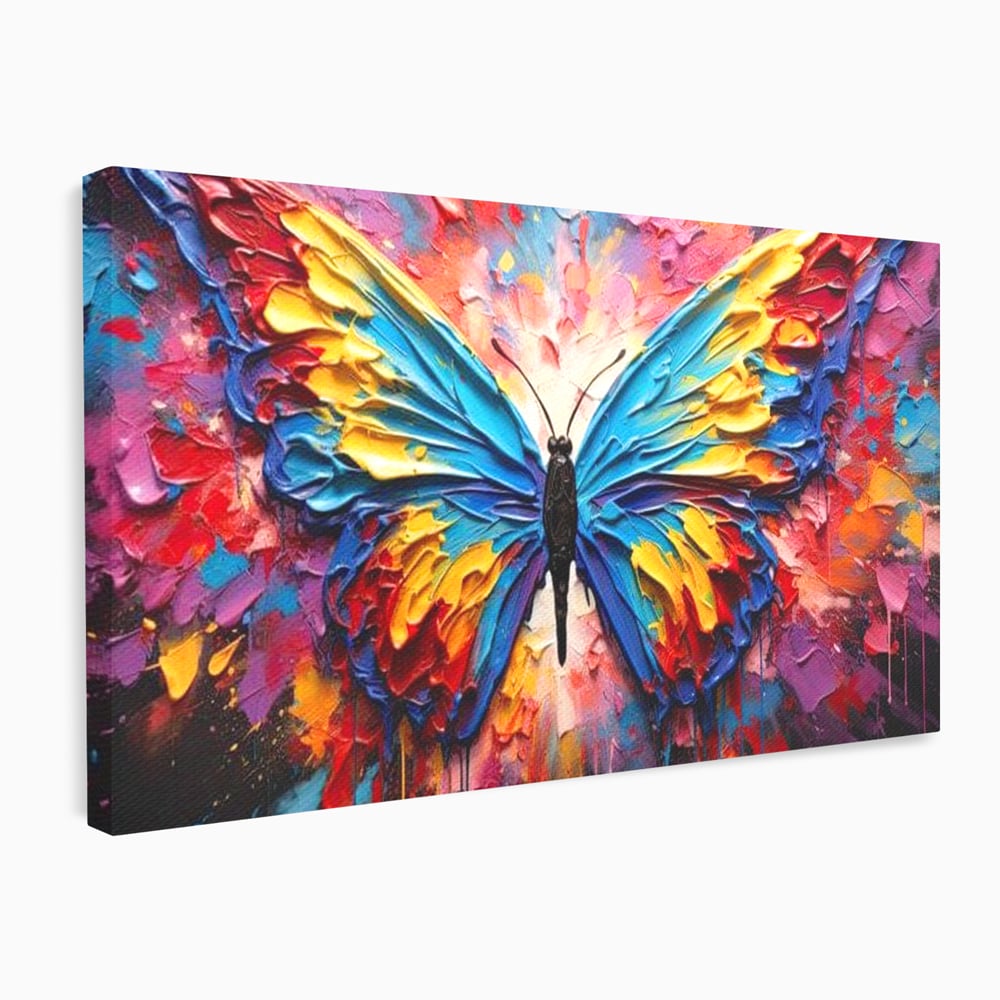 Tablou Canvas Premium, LuxCanva® M1131, Stapanul Paletei de Culori, Pictura, Stropi, Culori Vibrante, Fluture, Aripi, Insecta, Textura, Policrom, Abstract, Contrast, Birou, Living, Camera Copil