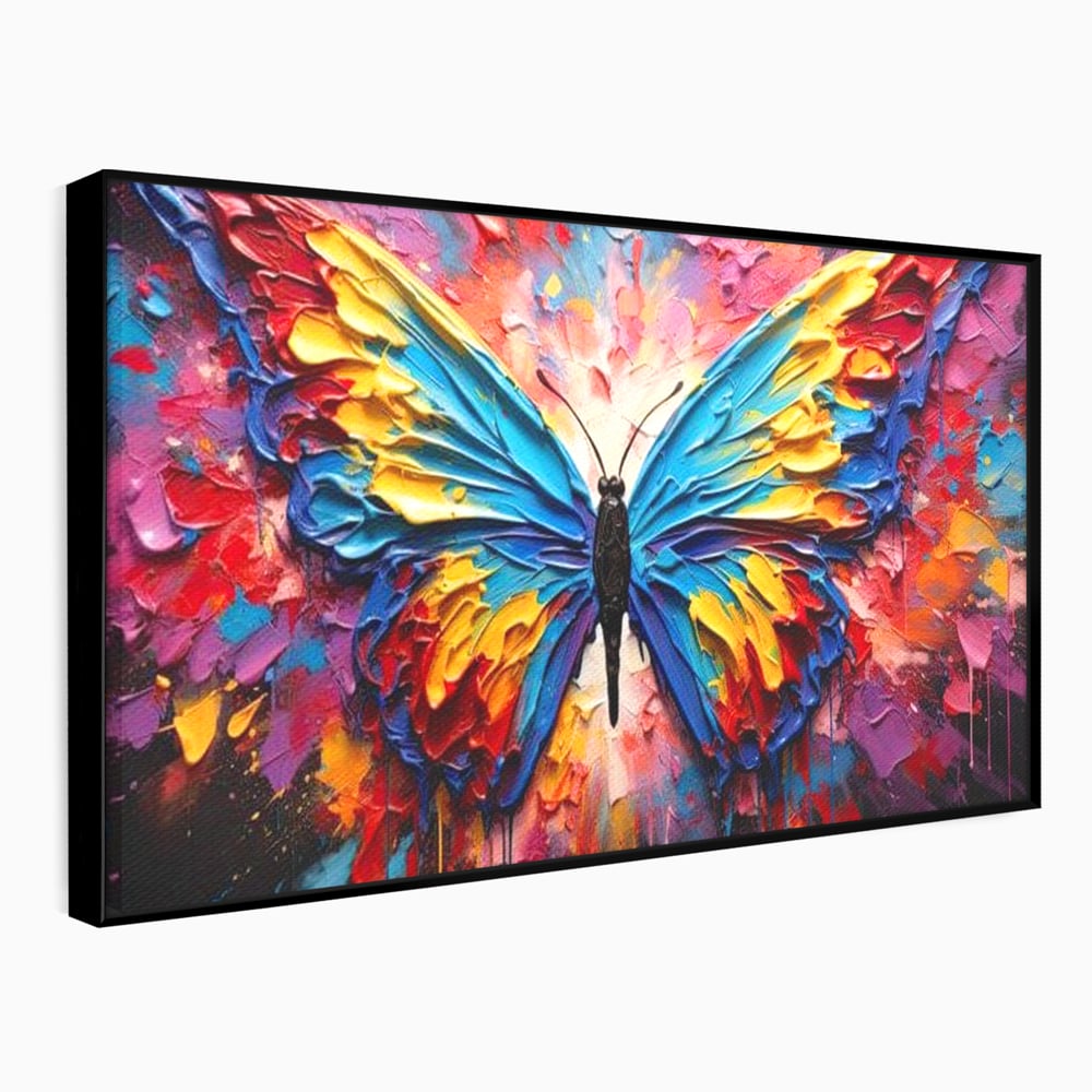 Tablou Canvas Premium, LuxCanva® M1131, Stapanul Paletei de Culori, Pictura, Stropi, Culori Vibrante, Fluture, Aripi, Insecta, Textura, Policrom, Abstract, Contrast, Birou, Living, Camera Copil