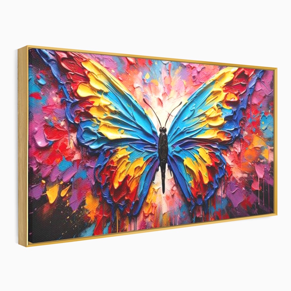 Tablou Canvas Premium, LuxCanva® M1131, Stapanul Paletei de Culori, Pictura, Stropi, Culori Vibrante, Fluture, Aripi, Insecta, Textura, Policrom, Abstract, Contrast, Birou, Living, Camera Copil
