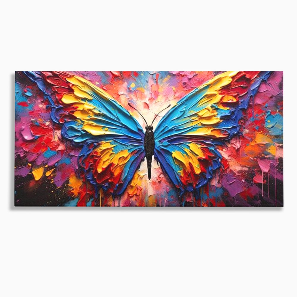 Tablou Canvas Premium, LuxCanva® M1131, Stapanul Paletei de Culori, Pictura, Stropi, Culori Vibrante, Fluture, Aripi, Insecta, Textura, Policrom, Abstract, Contrast, Birou, Living, Camera Copil