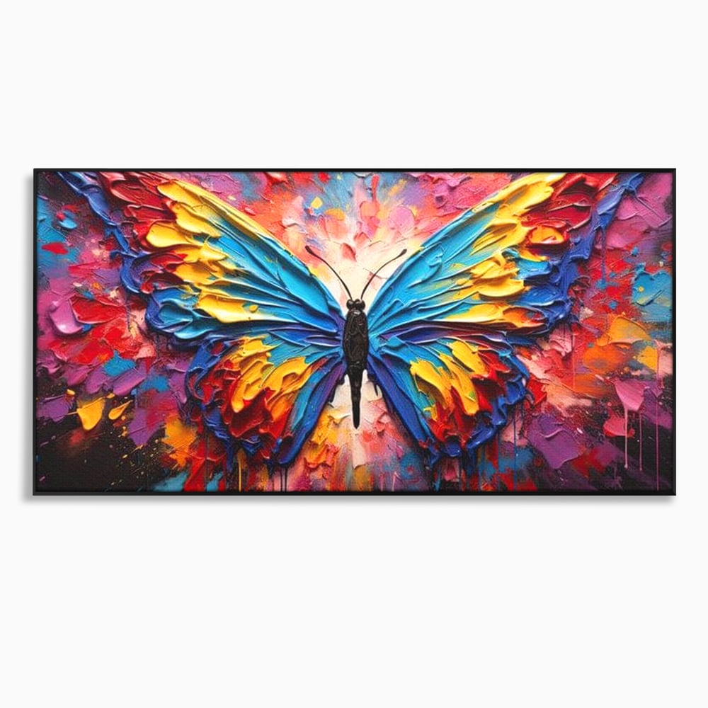 Tablou Canvas Premium, LuxCanva® M1131, Stapanul Paletei de Culori, Pictura, Stropi, Culori Vibrante, Fluture, Aripi, Insecta, Textura, Policrom, Abstract, Contrast, Birou, Living, Camera Copil
