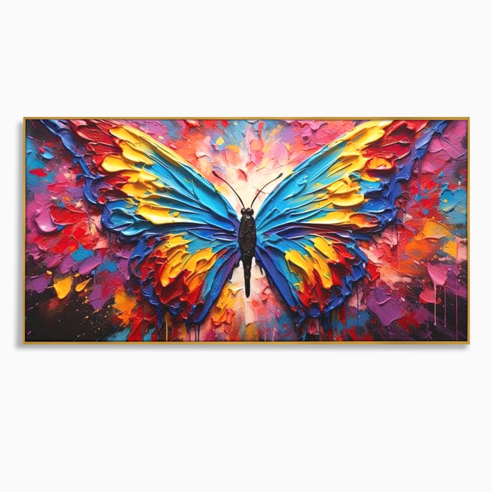 Tablou Canvas Premium, LuxCanva® M1131, Stapanul Paletei de Culori, Pictura, Stropi, Culori Vibrante, Fluture, Aripi, Insecta, Textura, Policrom, Abstract, Contrast, Birou, Living, Camera Copil