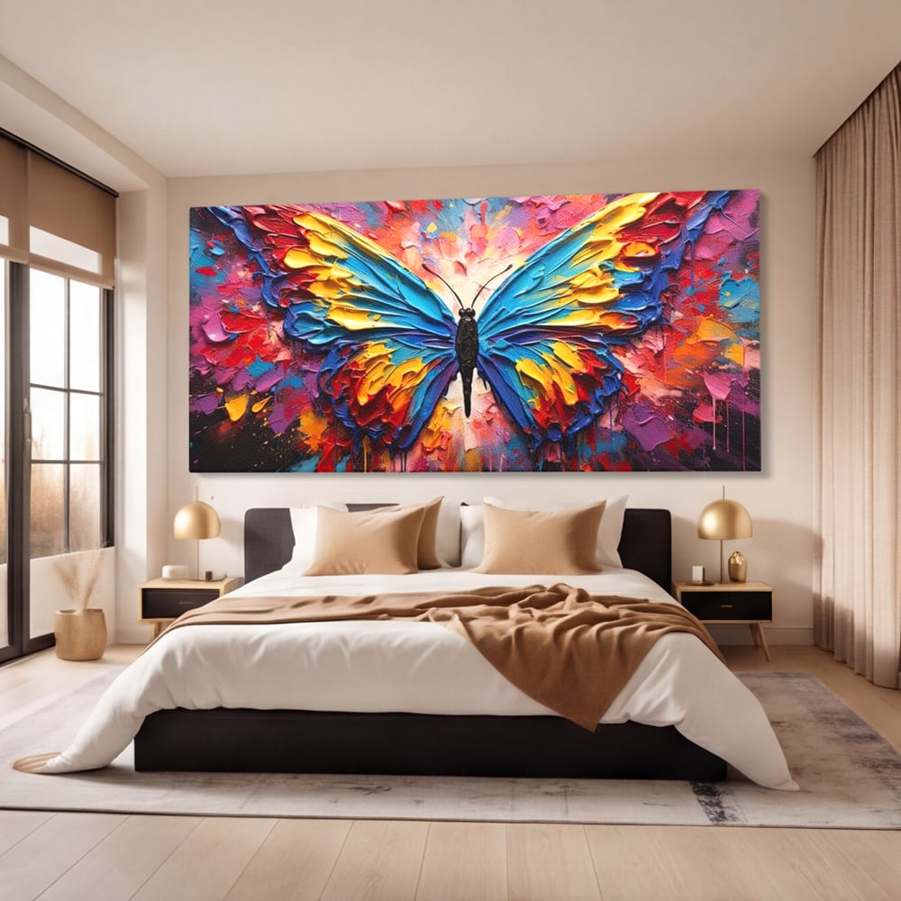 Tablou Canvas Premium, LuxCanva® M1131, Stapanul Paletei de Culori, Pictura, Stropi, Culori Vibrante, Fluture, Aripi, Insecta, Textura, Policrom, Abstract, Contrast, Birou, Living, Camera Copil