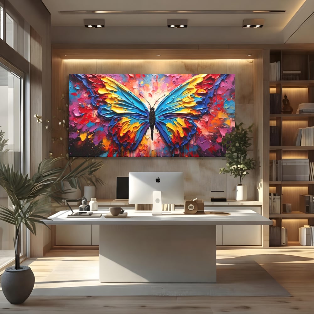 Tablou Canvas Premium, LuxCanva® M1131, Stapanul Paletei de Culori, Pictura, Stropi, Culori Vibrante, Fluture, Aripi, Insecta, Textura, Policrom, Abstract, Contrast, Birou, Living, Camera Copil