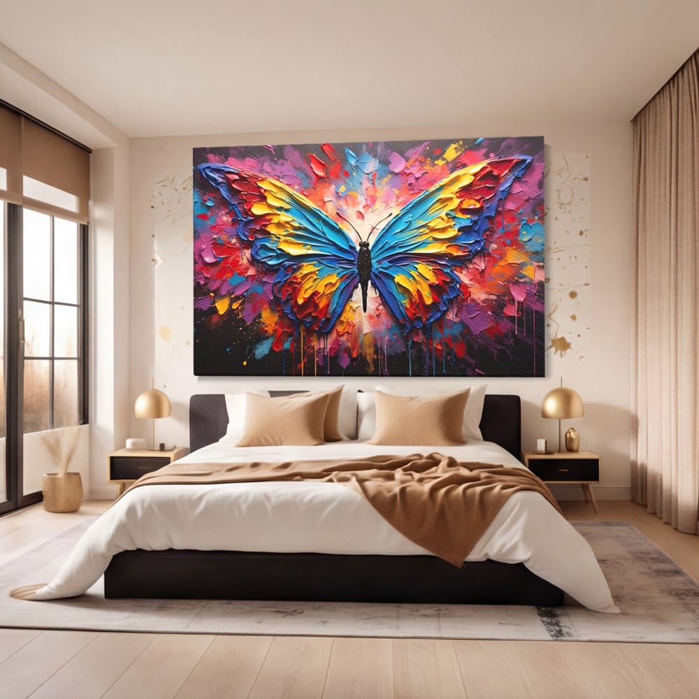Tablou Canvas Premium, LuxCanva® M1131, Stapanul Paletei de Culori, Pictura, Stropi, Culori Vibrante, Fluture, Aripi, Insecta, Textura, Policrom, Abstract, Contrast, Birou, Living, Camera Copil