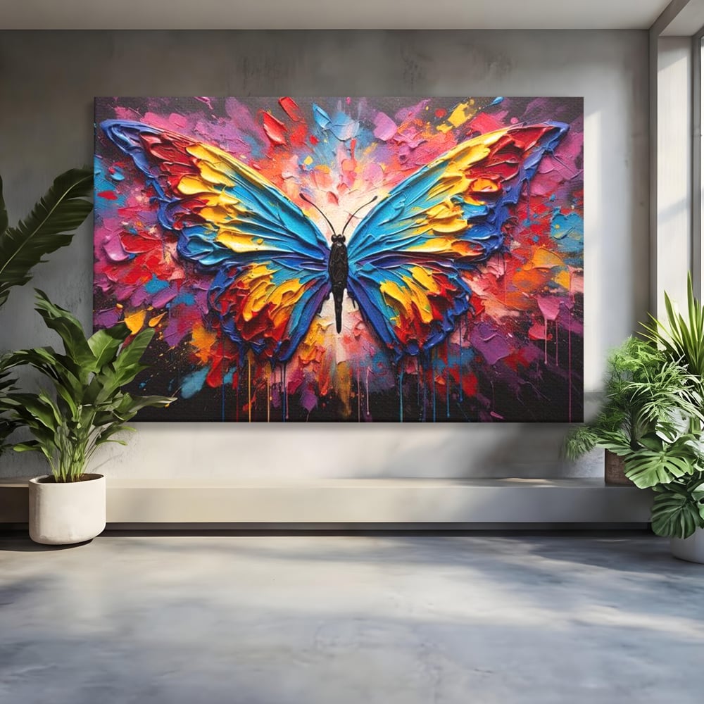 Tablou Canvas Premium, LuxCanva® M1131, Stapanul Paletei de Culori, Pictura, Stropi, Culori Vibrante, Fluture, Aripi, Insecta, Textura, Policrom, Abstract, Contrast, Birou, Living, Camera Copil