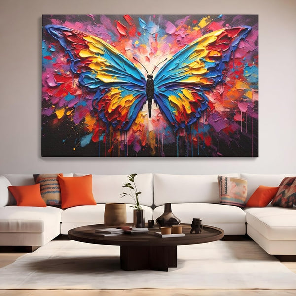 Tablou Canvas Premium, LuxCanva® M1131, Stapanul Paletei de Culori, Pictura, Stropi, Culori Vibrante, Fluture, Aripi, Insecta, Textura, Policrom, Abstract, Contrast, Birou, Living, Camera Copil