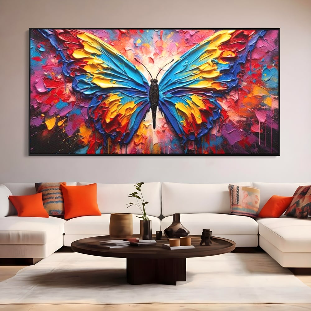 Tablou Canvas Premium, LuxCanva® M1131, Stapanul Paletei de Culori, Pictura, Stropi, Culori Vibrante, Fluture, Aripi, Insecta, Textura, Policrom, Abstract, Contrast, Birou, Living, Camera Copil