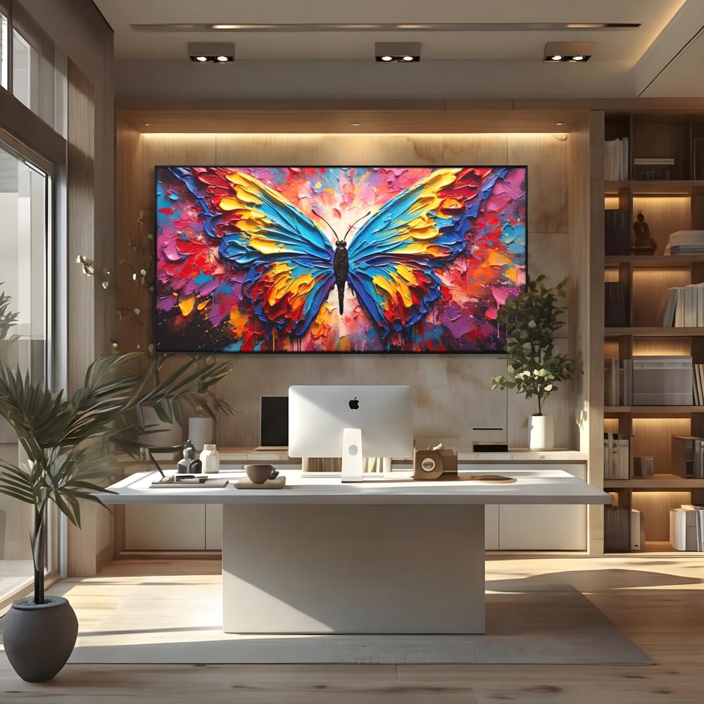 Tablou Canvas Premium, LuxCanva® M1131, Stapanul Paletei de Culori, Pictura, Stropi, Culori Vibrante, Fluture, Aripi, Insecta, Textura, Policrom, Abstract, Contrast, Birou, Living, Camera Copil