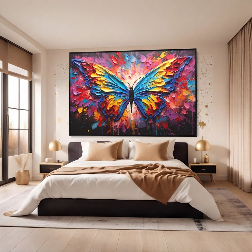 Tablou Canvas Premium, LuxCanva® M1131, Stapanul Paletei de Culori, Pictura, Stropi, Culori Vibrante, Fluture, Aripi, Insecta, Textura, Policrom, Abstract, Contrast, Birou, Living, Camera Copil