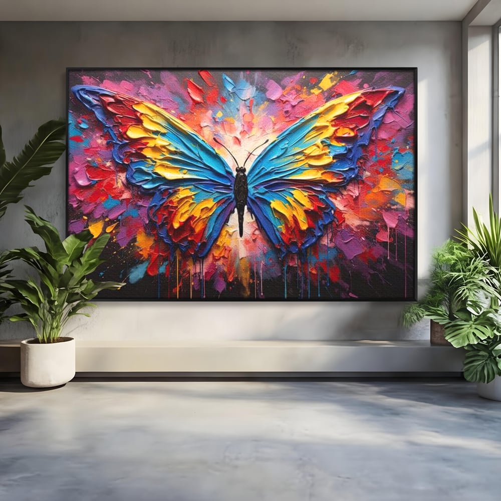 Tablou Canvas Premium, LuxCanva® M1131, Stapanul Paletei de Culori, Pictura, Stropi, Culori Vibrante, Fluture, Aripi, Insecta, Textura, Policrom, Abstract, Contrast, Birou, Living, Camera Copil