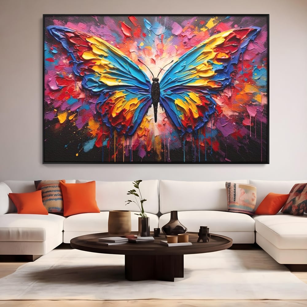 Tablou Canvas Premium, LuxCanva® M1131, Stapanul Paletei de Culori, Pictura, Stropi, Culori Vibrante, Fluture, Aripi, Insecta, Textura, Policrom, Abstract, Contrast, Birou, Living, Camera Copil