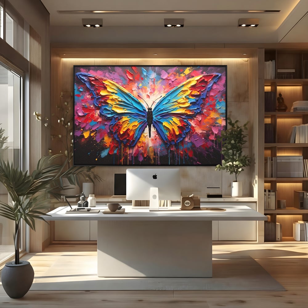 Tablou Canvas Premium, LuxCanva® M1131, Stapanul Paletei de Culori, Pictura, Stropi, Culori Vibrante, Fluture, Aripi, Insecta, Textura, Policrom, Abstract, Contrast, Birou, Living, Camera Copil