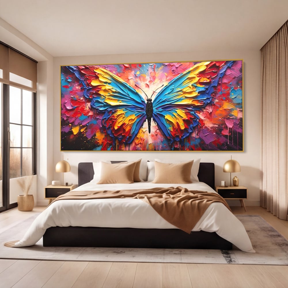 Tablou Canvas Premium, LuxCanva® M1131, Stapanul Paletei de Culori, Pictura, Stropi, Culori Vibrante, Fluture, Aripi, Insecta, Textura, Policrom, Abstract, Contrast, Birou, Living, Camera Copil