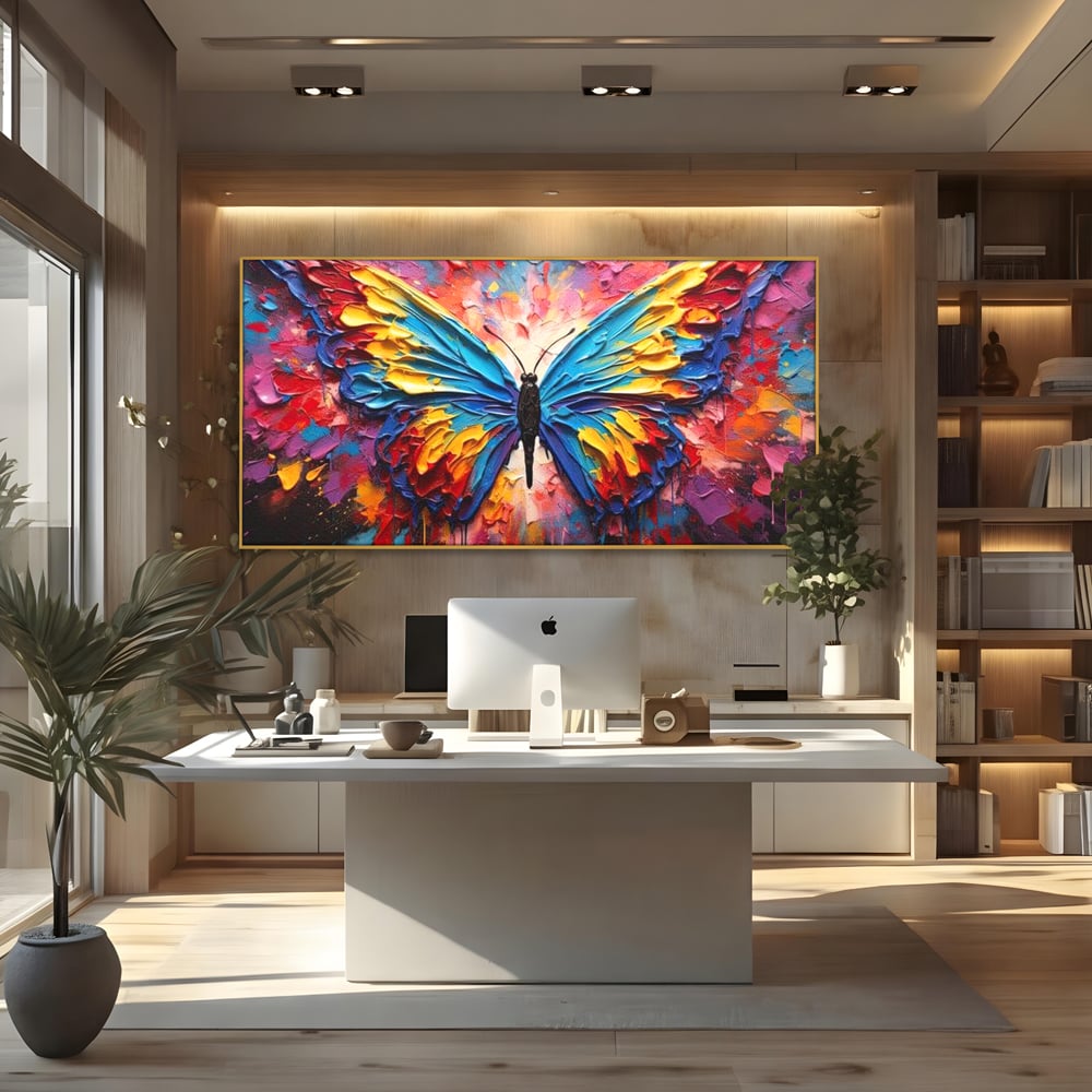 Tablou Canvas Premium, LuxCanva® M1131, Stapanul Paletei de Culori, Pictura, Stropi, Culori Vibrante, Fluture, Aripi, Insecta, Textura, Policrom, Abstract, Contrast, Birou, Living, Camera Copil