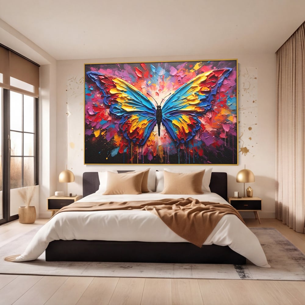 Tablou Canvas Premium, LuxCanva® M1131, Stapanul Paletei de Culori, Pictura, Stropi, Culori Vibrante, Fluture, Aripi, Insecta, Textura, Policrom, Abstract, Contrast, Birou, Living, Camera Copil