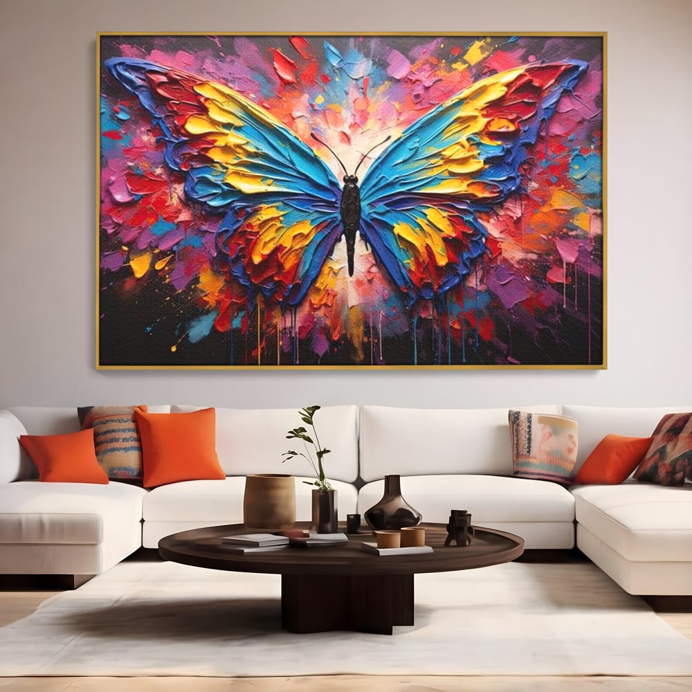 Tablou Canvas Premium, LuxCanva® M1131, Stapanul Paletei de Culori, Pictura, Stropi, Culori Vibrante, Fluture, Aripi, Insecta, Textura, Policrom, Abstract, Contrast, Birou, Living, Camera Copil