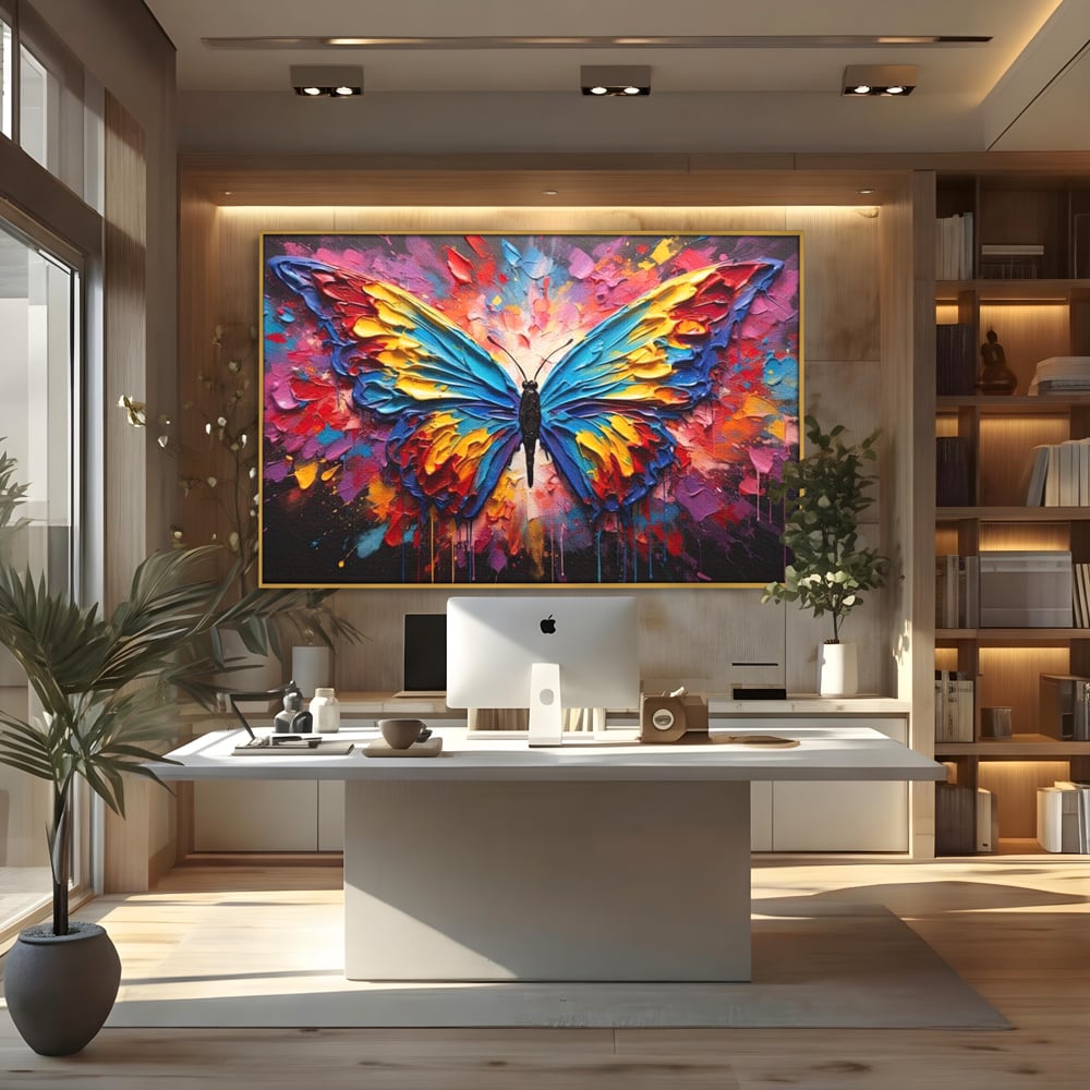 Tablou Canvas Premium, LuxCanva® M1131, Stapanul Paletei de Culori, Pictura, Stropi, Culori Vibrante, Fluture, Aripi, Insecta, Textura, Policrom, Abstract, Contrast, Birou, Living, Camera Copil