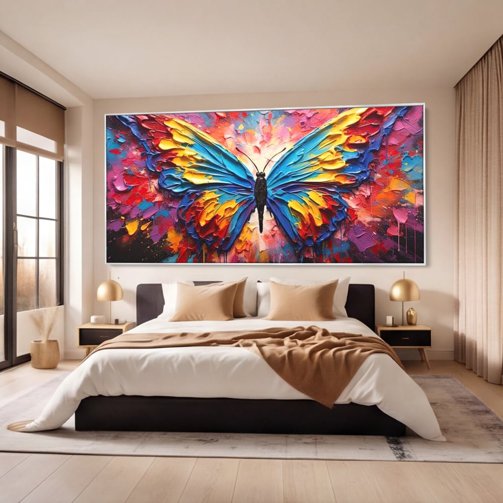 Tablou Canvas Premium, LuxCanva® M1131, Stapanul Paletei de Culori, Pictura, Stropi, Culori Vibrante, Fluture, Aripi, Insecta, Textura, Policrom, Abstract, Contrast, Birou, Living, Camera Copil