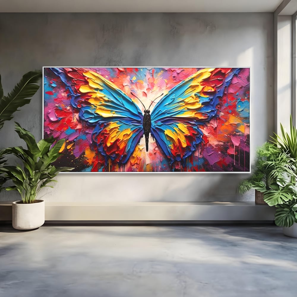 Tablou Canvas Premium, LuxCanva® M1131, Stapanul Paletei de Culori, Pictura, Stropi, Culori Vibrante, Fluture, Aripi, Insecta, Textura, Policrom, Abstract, Contrast, Birou, Living, Camera Copil