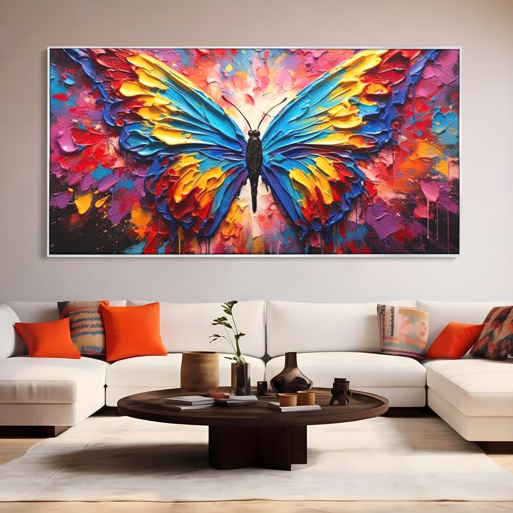 Tablou Canvas Premium, LuxCanva® M1131, Stapanul Paletei de Culori, Pictura, Stropi, Culori Vibrante, Fluture, Aripi, Insecta, Textura, Policrom, Abstract, Contrast, Birou, Living, Camera Copil