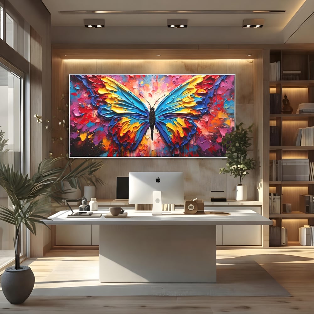 Tablou Canvas Premium, LuxCanva® M1131, Stapanul Paletei de Culori, Pictura, Stropi, Culori Vibrante, Fluture, Aripi, Insecta, Textura, Policrom, Abstract, Contrast, Birou, Living, Camera Copil