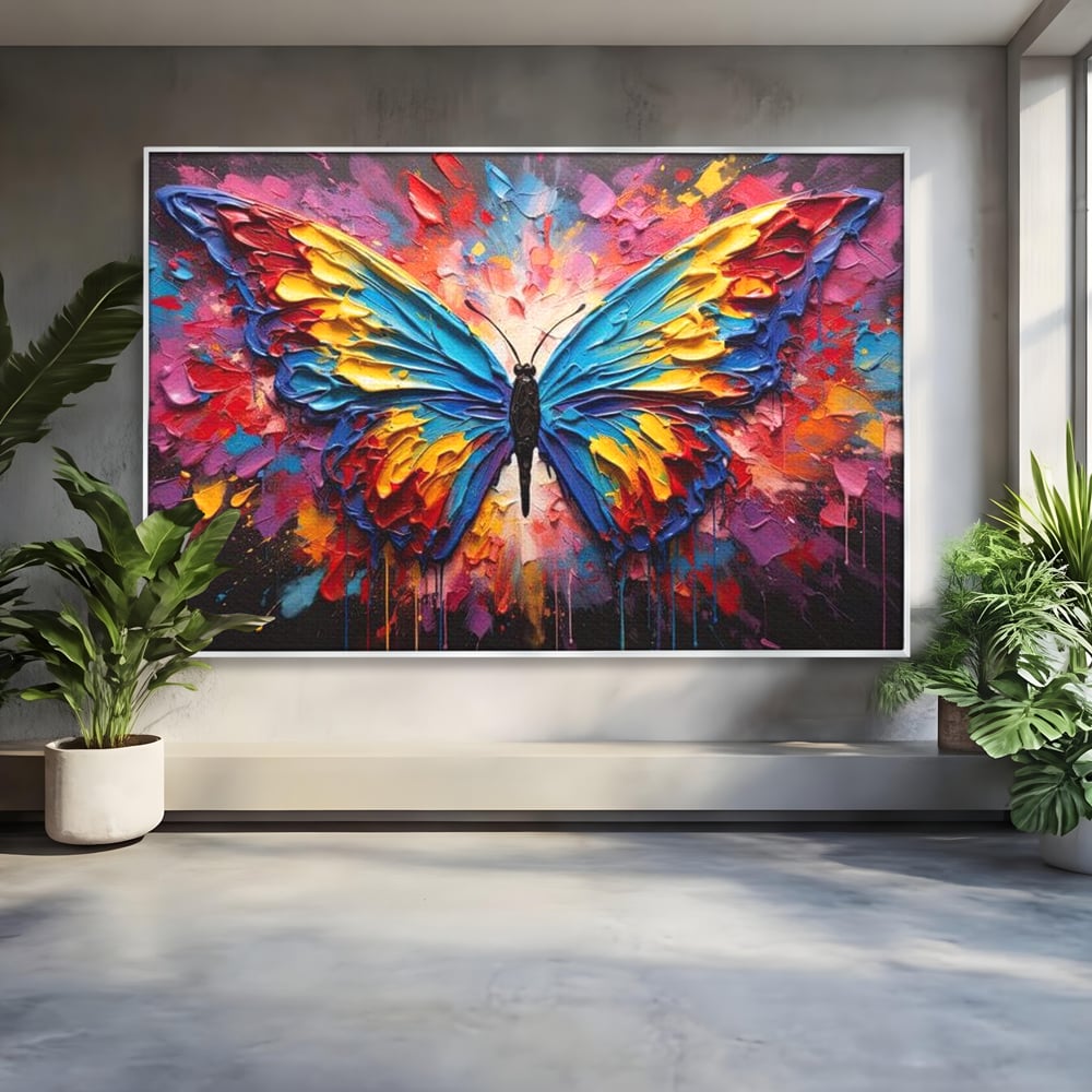 Tablou Canvas Premium, LuxCanva® M1131, Stapanul Paletei de Culori, Pictura, Stropi, Culori Vibrante, Fluture, Aripi, Insecta, Textura, Policrom, Abstract, Contrast, Birou, Living, Camera Copil
