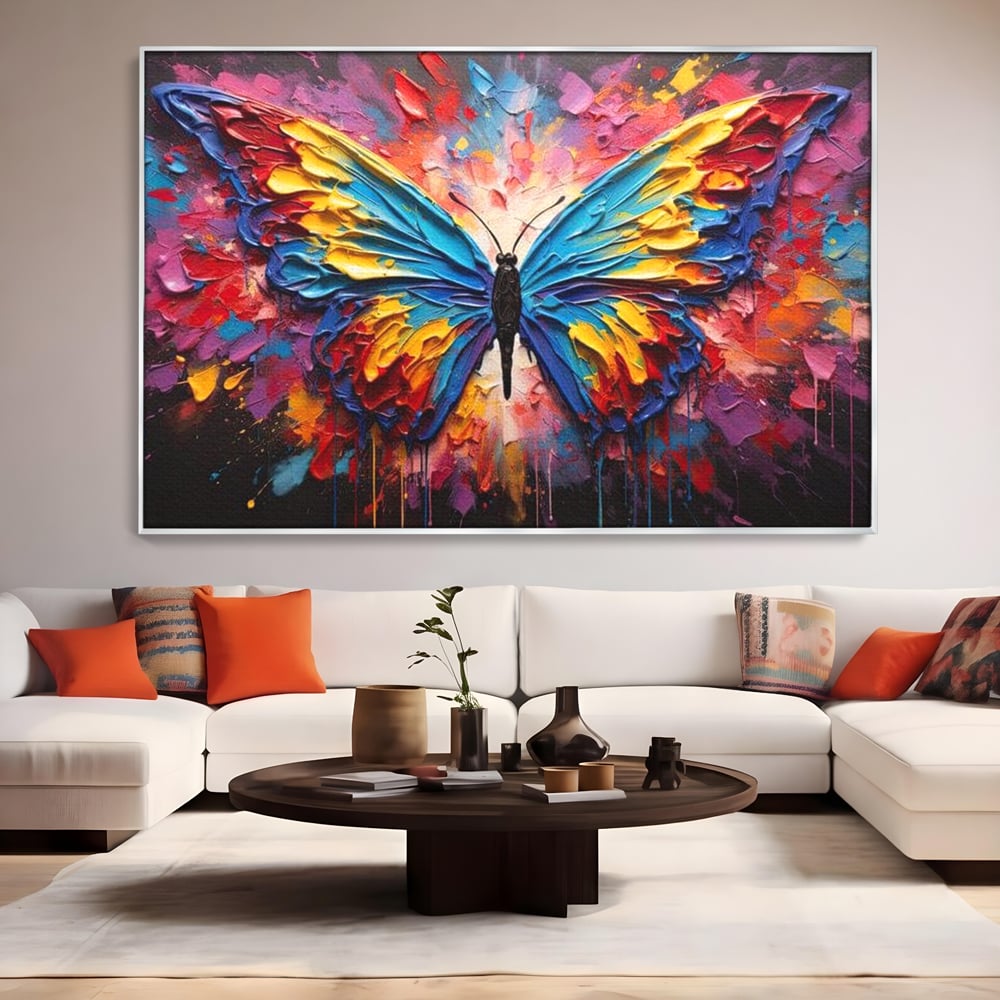 Tablou Canvas Premium, LuxCanva® M1131, Stapanul Paletei de Culori, Pictura, Stropi, Culori Vibrante, Fluture, Aripi, Insecta, Textura, Policrom, Abstract, Contrast, Birou, Living, Camera Copil