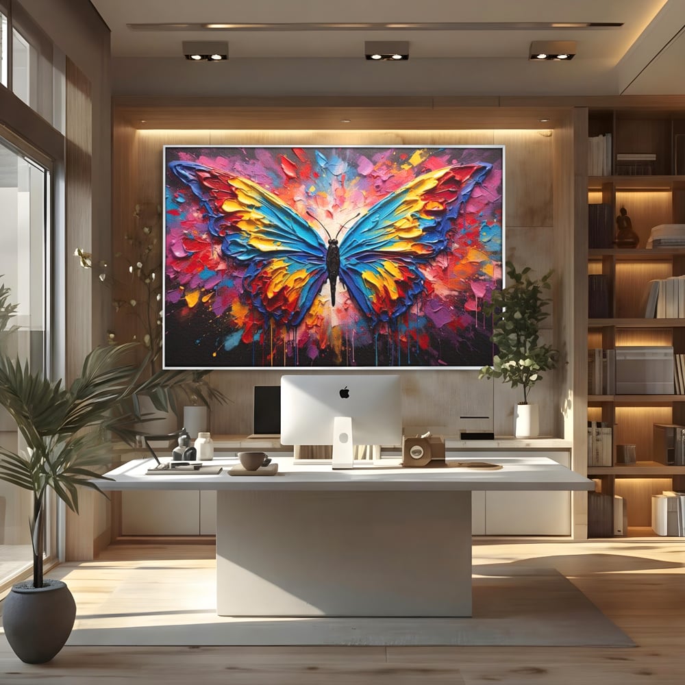 Tablou Canvas Premium, LuxCanva® M1131, Stapanul Paletei de Culori, Pictura, Stropi, Culori Vibrante, Fluture, Aripi, Insecta, Textura, Policrom, Abstract, Contrast, Birou, Living, Camera Copil