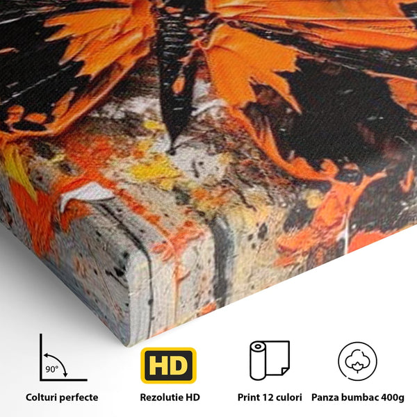 Leinwand Wandkunst Canvas Premium, LuxCanva® M1132, Farbe Metamorphose, Graffiti, Street Art, Orange, Dunkel, Anthrazit, Schmetterling, Spritzer, Spritzer, Flügel, Insekt, Modern, Büro, Wohnen, Kinderzimmer