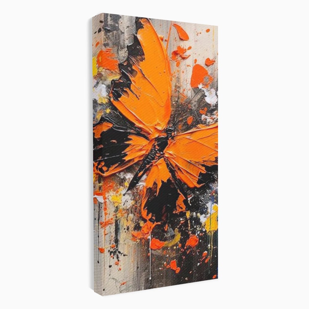 Leinwand Wandkunst Canvas Premium, LuxCanva® M1132, Farbe Metamorphose, Graffiti, Street Art, Orange, Dunkel, Anthrazit, Schmetterling, Spritzer, Spritzer, Flügel, Insekt, Modern, Büro, Wohnen, Kinderzimmer