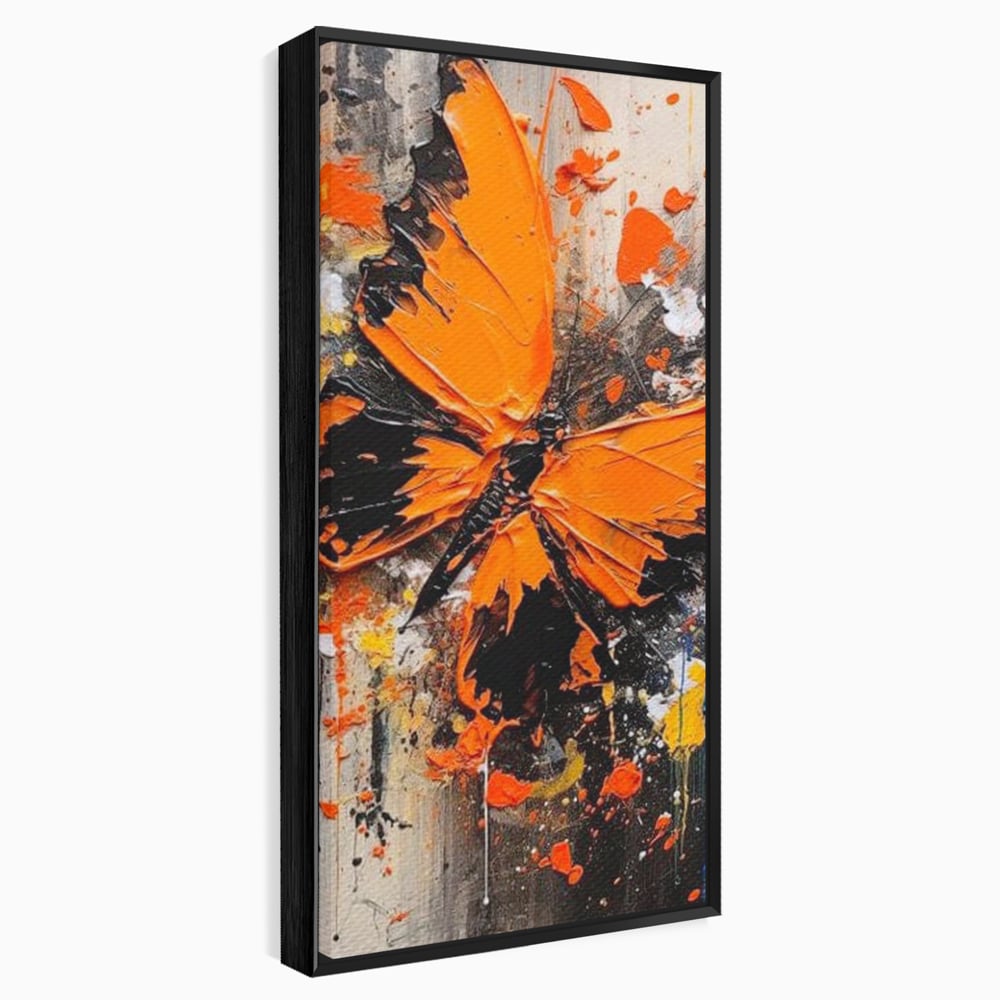 Leinwand Wandkunst Canvas Premium, LuxCanva® M1132, Farbe Metamorphose, Graffiti, Street Art, Orange, Dunkel, Anthrazit, Schmetterling, Spritzer, Spritzer, Flügel, Insekt, Modern, Büro, Wohnen, Kinderzimmer