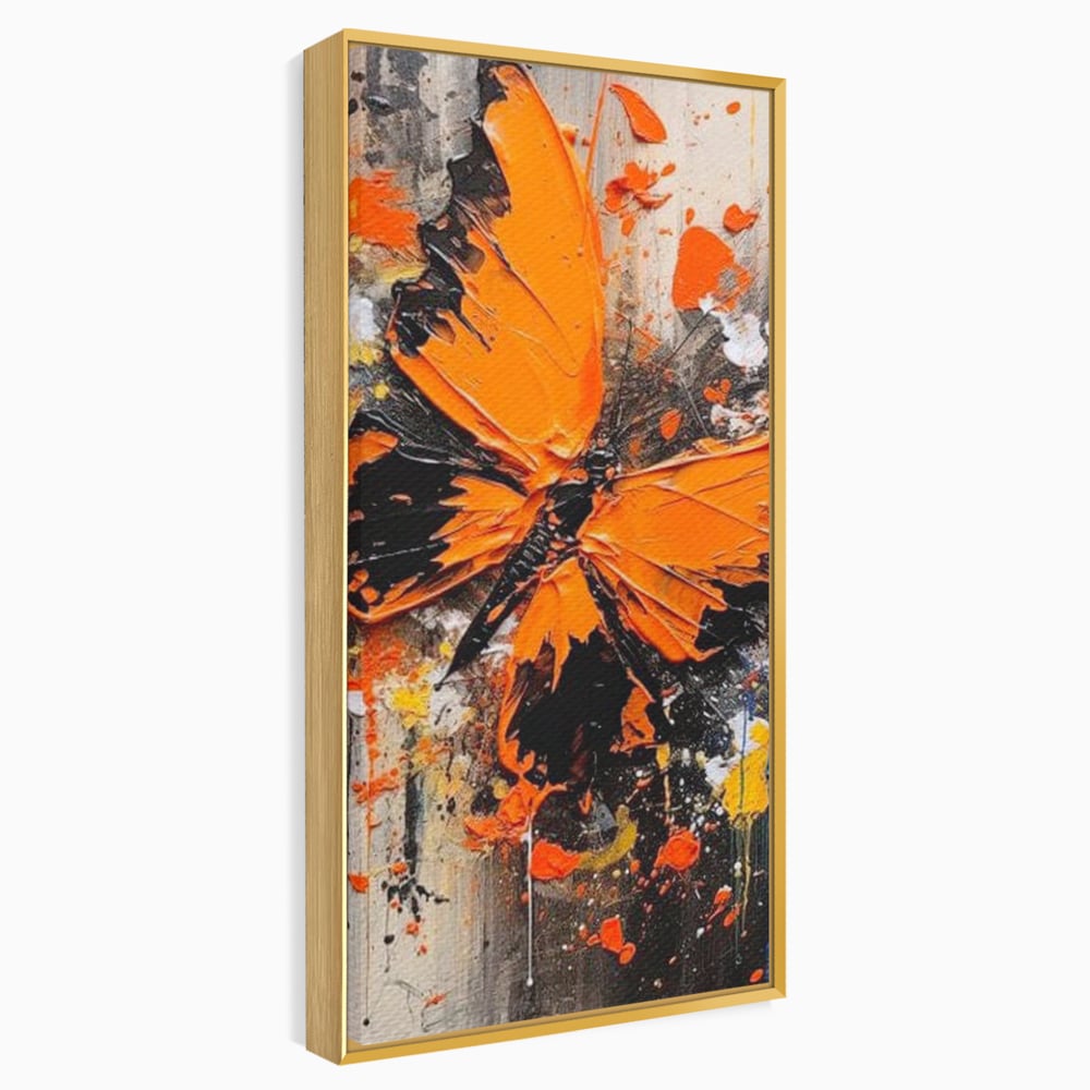 Leinwand Wandkunst Canvas Premium, LuxCanva® M1132, Farbe Metamorphose, Graffiti, Street Art, Orange, Dunkel, Anthrazit, Schmetterling, Spritzer, Spritzer, Flügel, Insekt, Modern, Büro, Wohnen, Kinderzimmer