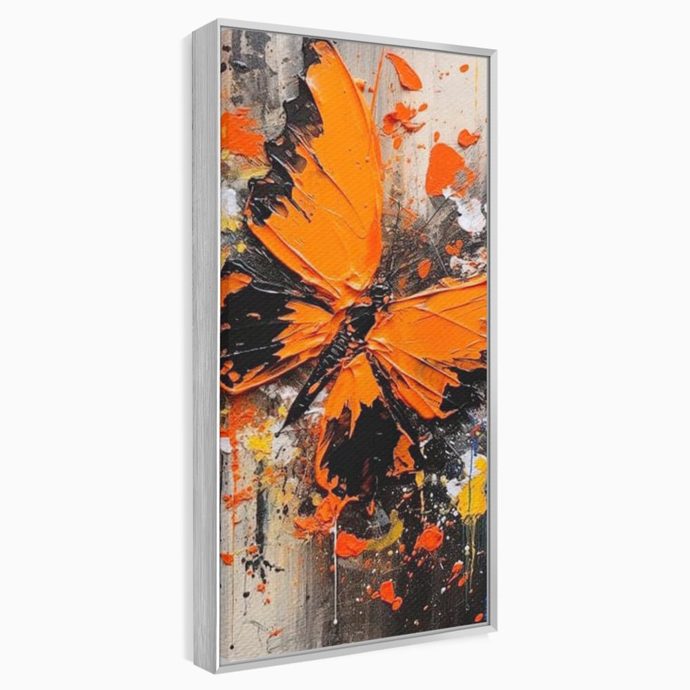Leinwand Wandkunst Canvas Premium, LuxCanva® M1132, Farbe Metamorphose, Graffiti, Street Art, Orange, Dunkel, Anthrazit, Schmetterling, Spritzer, Spritzer, Flügel, Insekt, Modern, Büro, Wohnen, Kinderzimmer