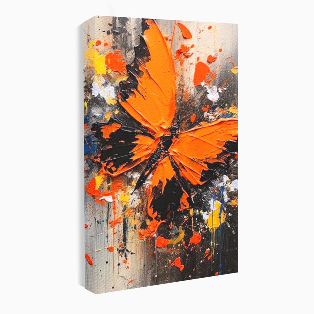 Leinwand Wandkunst Canvas Premium, LuxCanva® M1132, Farbe Metamorphose, Graffiti, Street Art, Orange, Dunkel, Anthrazit, Schmetterling, Spritzer, Spritzer, Flügel, Insekt, Modern, Büro, Wohnen, Kinderzimmer