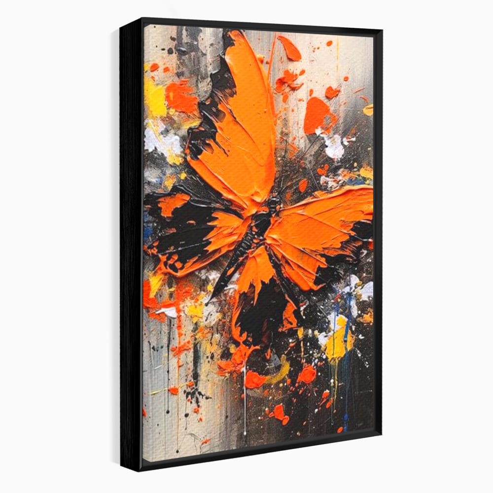 Leinwand Wandkunst Canvas Premium, LuxCanva® M1132, Farbe Metamorphose, Graffiti, Street Art, Orange, Dunkel, Anthrazit, Schmetterling, Spritzer, Spritzer, Flügel, Insekt, Modern, Büro, Wohnen, Kinderzimmer