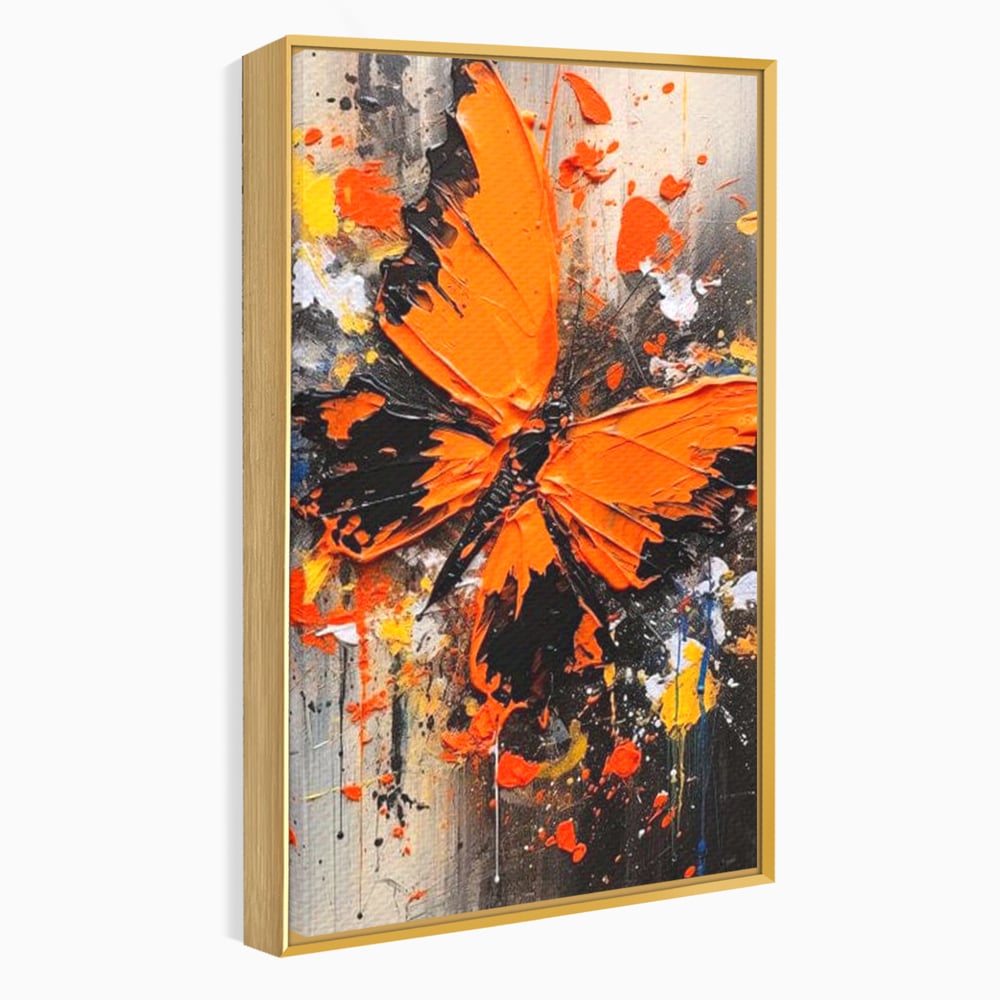 Leinwand Wandkunst Canvas Premium, LuxCanva® M1132, Farbe Metamorphose, Graffiti, Street Art, Orange, Dunkel, Anthrazit, Schmetterling, Spritzer, Spritzer, Flügel, Insekt, Modern, Büro, Wohnen, Kinderzimmer
