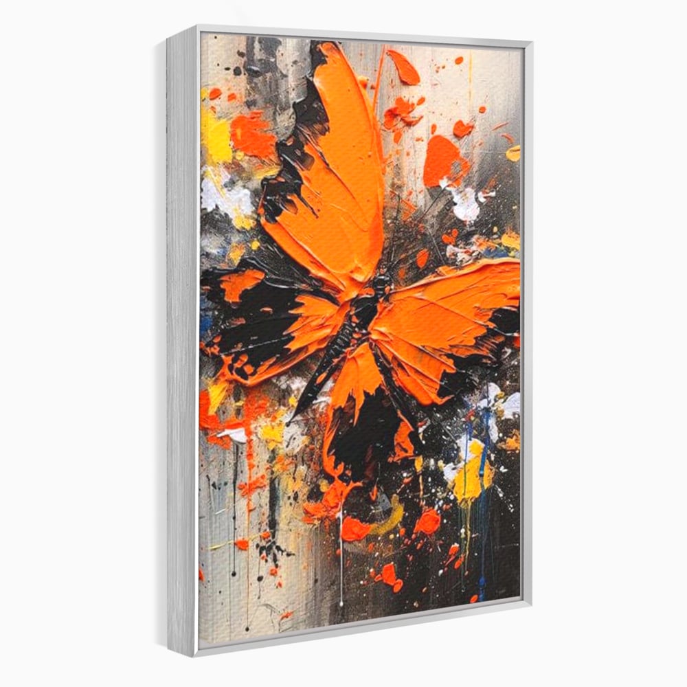 Leinwand Wandkunst Canvas Premium, LuxCanva® M1132, Farbe Metamorphose, Graffiti, Street Art, Orange, Dunkel, Anthrazit, Schmetterling, Spritzer, Spritzer, Flügel, Insekt, Modern, Büro, Wohnen, Kinderzimmer