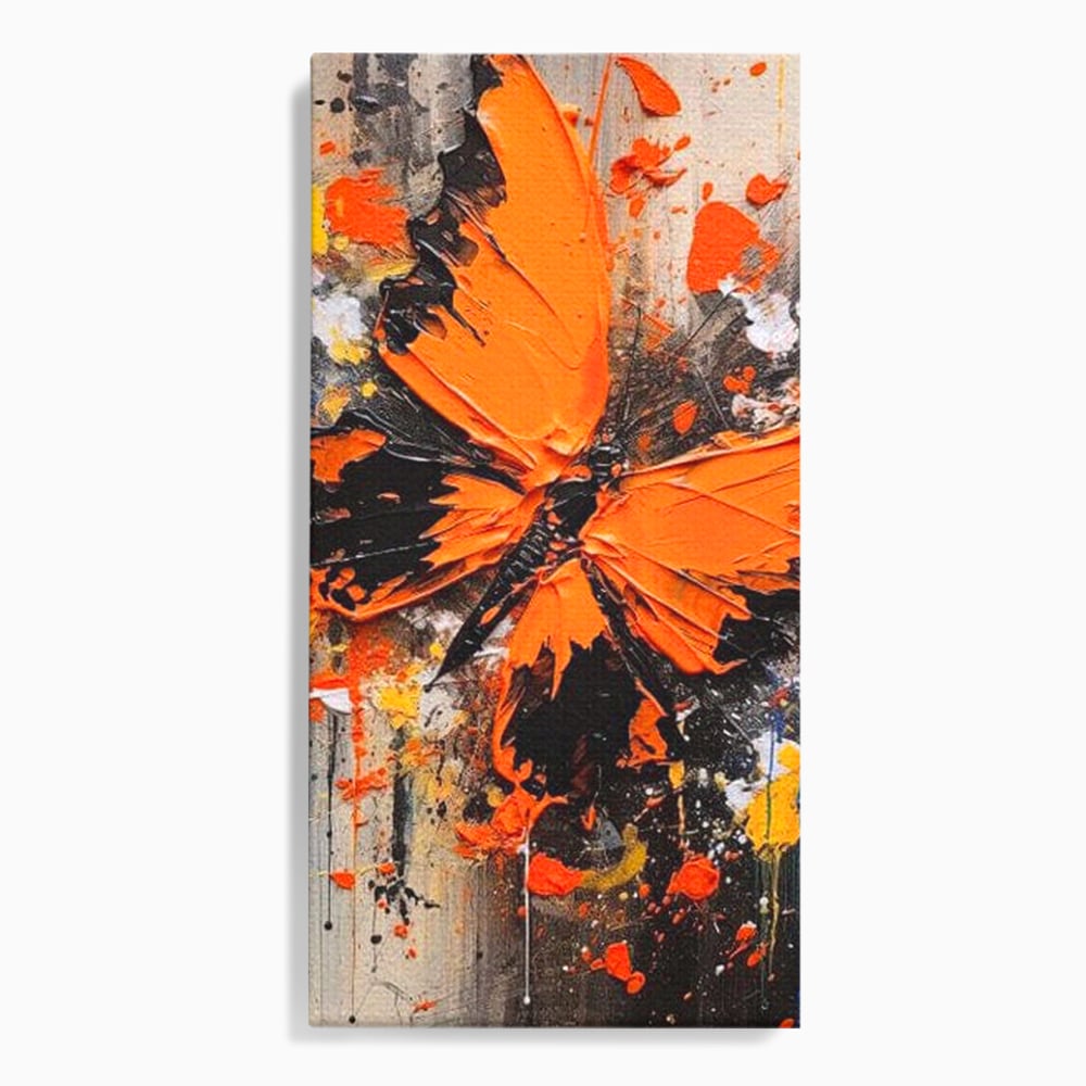 Leinwand Wandkunst Canvas Premium, LuxCanva® M1132, Farbe Metamorphose, Graffiti, Street Art, Orange, Dunkel, Anthrazit, Schmetterling, Spritzer, Spritzer, Flügel, Insekt, Modern, Büro, Wohnen, Kinderzimmer
