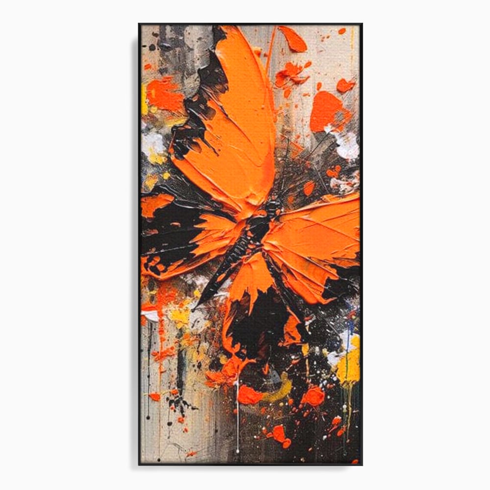 Leinwand Wandkunst Canvas Premium, LuxCanva® M1132, Farbe Metamorphose, Graffiti, Street Art, Orange, Dunkel, Anthrazit, Schmetterling, Spritzer, Spritzer, Flügel, Insekt, Modern, Büro, Wohnen, Kinderzimmer