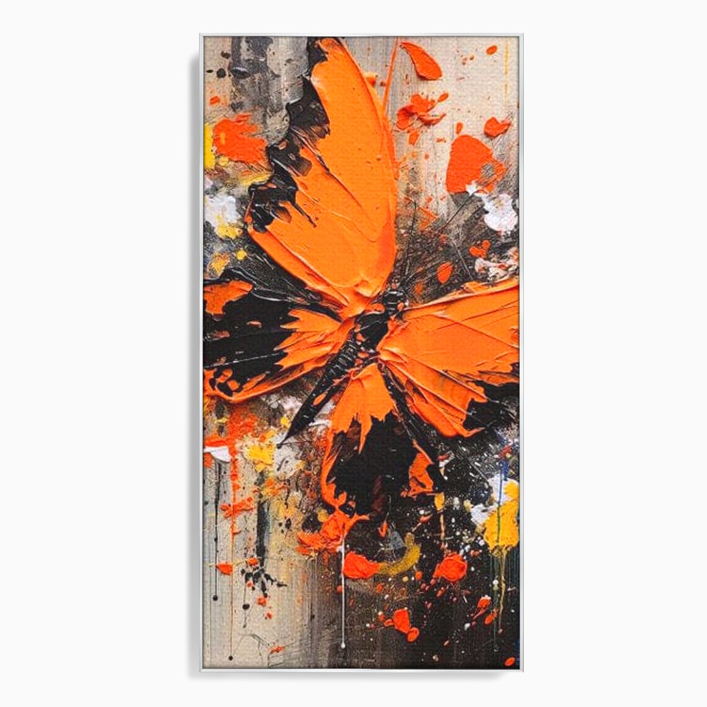Leinwand Wandkunst Canvas Premium, LuxCanva® M1132, Farbe Metamorphose, Graffiti, Street Art, Orange, Dunkel, Anthrazit, Schmetterling, Spritzer, Spritzer, Flügel, Insekt, Modern, Büro, Wohnen, Kinderzimmer