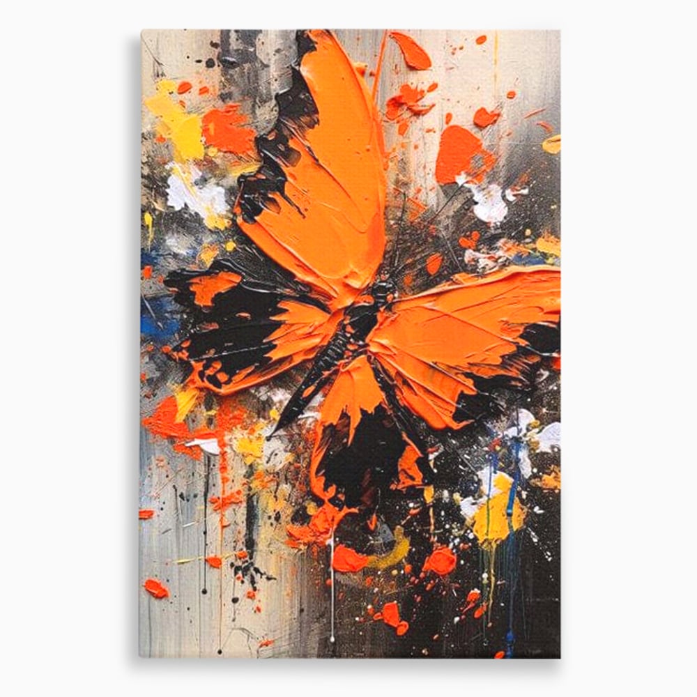 Leinwand Wandkunst Canvas Premium, LuxCanva® M1132, Farbe Metamorphose, Graffiti, Street Art, Orange, Dunkel, Anthrazit, Schmetterling, Spritzer, Spritzer, Flügel, Insekt, Modern, Büro, Wohnen, Kinderzimmer