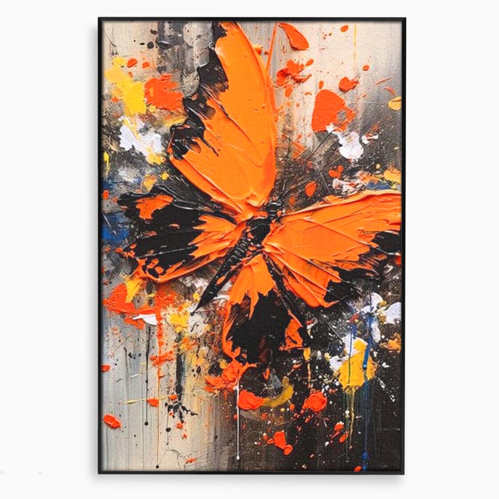 Leinwand Wandkunst Canvas Premium, LuxCanva® M1132, Farbe Metamorphose, Graffiti, Street Art, Orange, Dunkel, Anthrazit, Schmetterling, Spritzer, Spritzer, Flügel, Insekt, Modern, Büro, Wohnen, Kinderzimmer