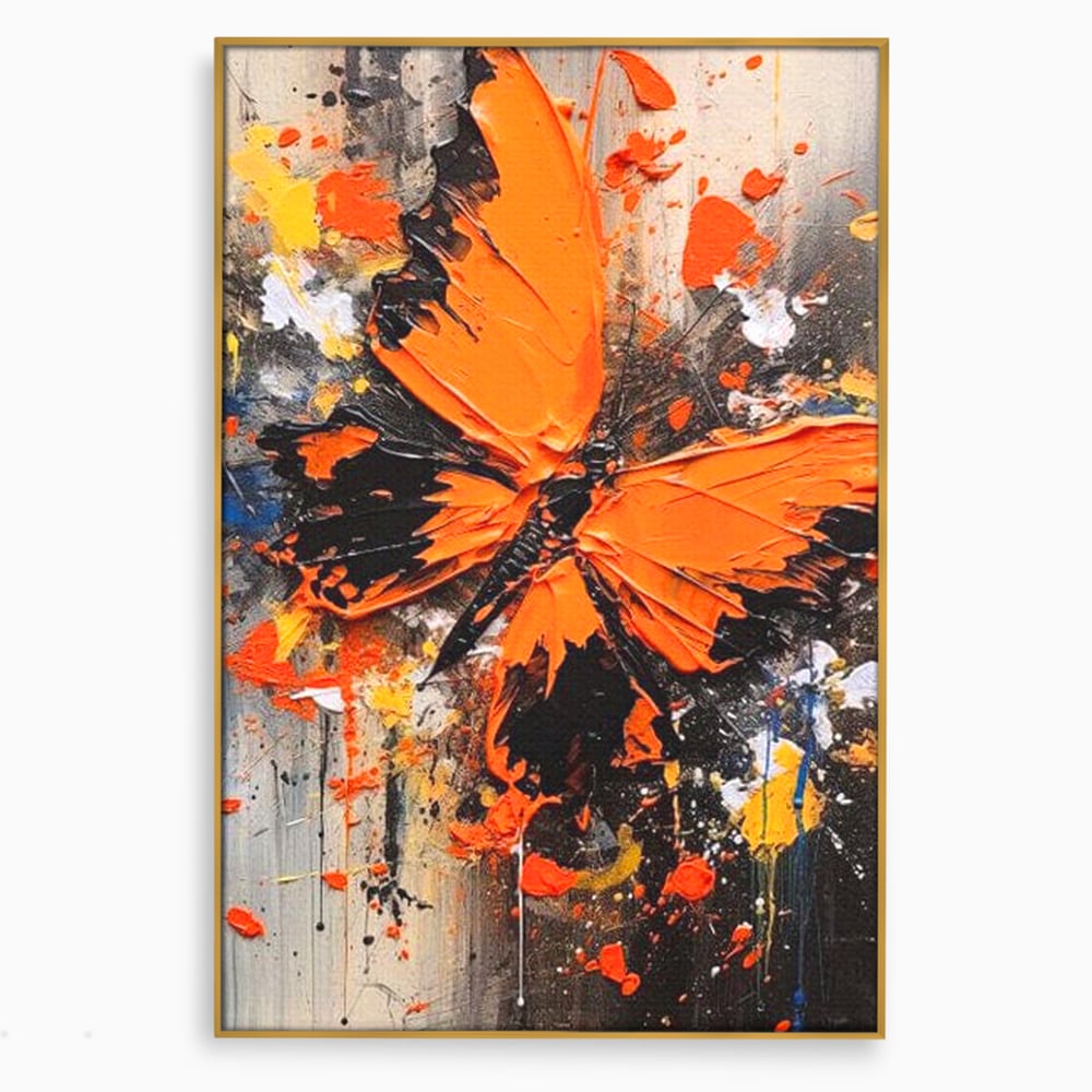 Leinwand Wandkunst Canvas Premium, LuxCanva® M1132, Farbe Metamorphose, Graffiti, Street Art, Orange, Dunkel, Anthrazit, Schmetterling, Spritzer, Spritzer, Flügel, Insekt, Modern, Büro, Wohnen, Kinderzimmer