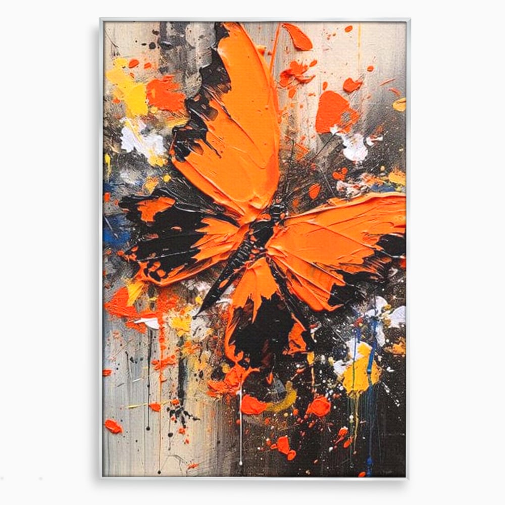 Leinwand Wandkunst Canvas Premium, LuxCanva® M1132, Farbe Metamorphose, Graffiti, Street Art, Orange, Dunkel, Anthrazit, Schmetterling, Spritzer, Spritzer, Flügel, Insekt, Modern, Büro, Wohnen, Kinderzimmer