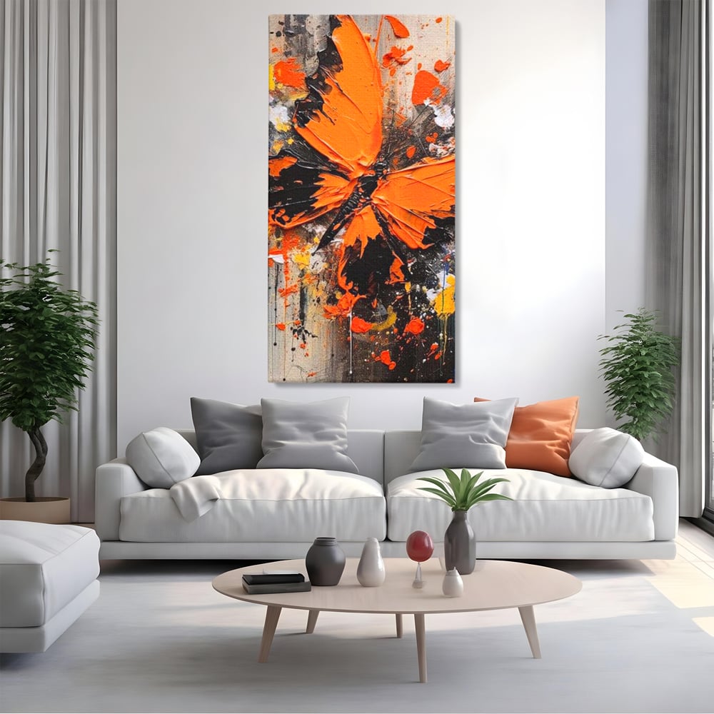Leinwand Wandkunst Canvas Premium, LuxCanva® M1132, Farbe Metamorphose, Graffiti, Street Art, Orange, Dunkel, Anthrazit, Schmetterling, Spritzer, Spritzer, Flügel, Insekt, Modern, Büro, Wohnen, Kinderzimmer